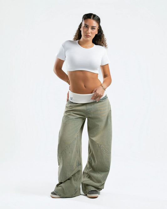 Dirty Green Fold-Over Jeans