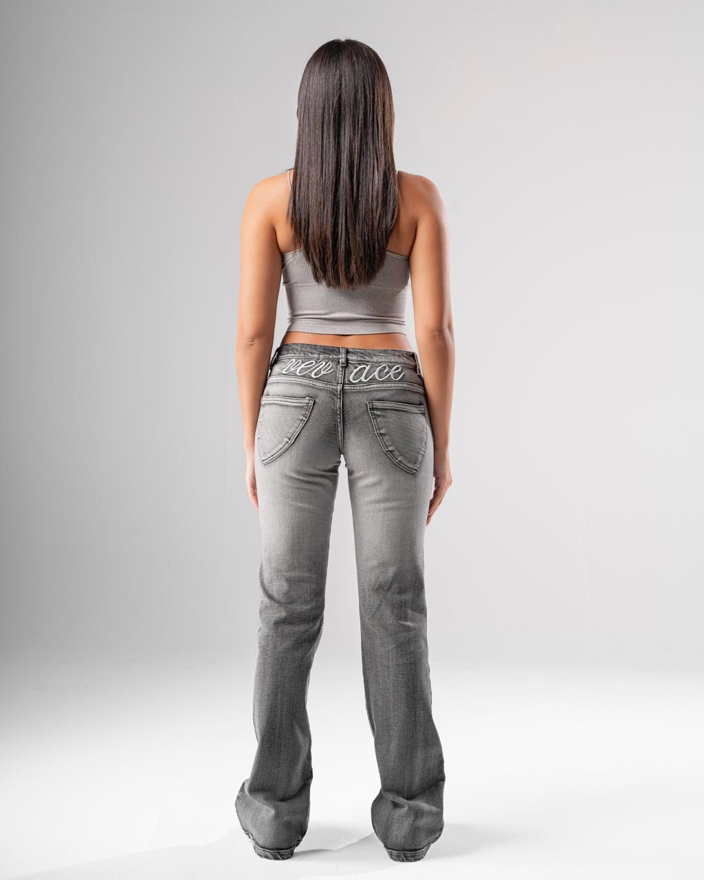 00s 5351 waxed gray flare denim Y2K 光沢 Washed Flared Y2k Denim (Vevace Word) – VEVACE