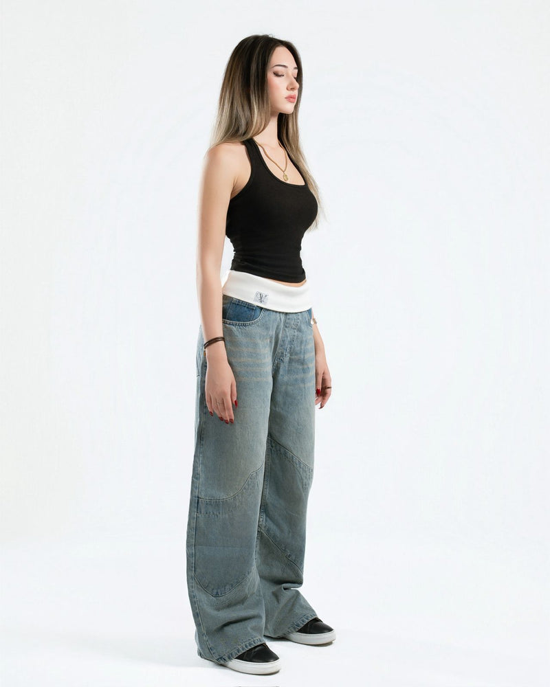 Washed Blue Fold-Over Jeans