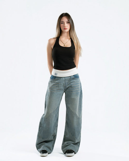 Washed Blue Fold-Over Jeans