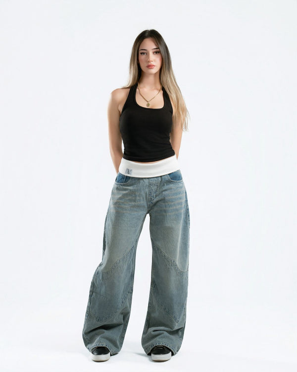 Washed Blue Fold-Over Jeans