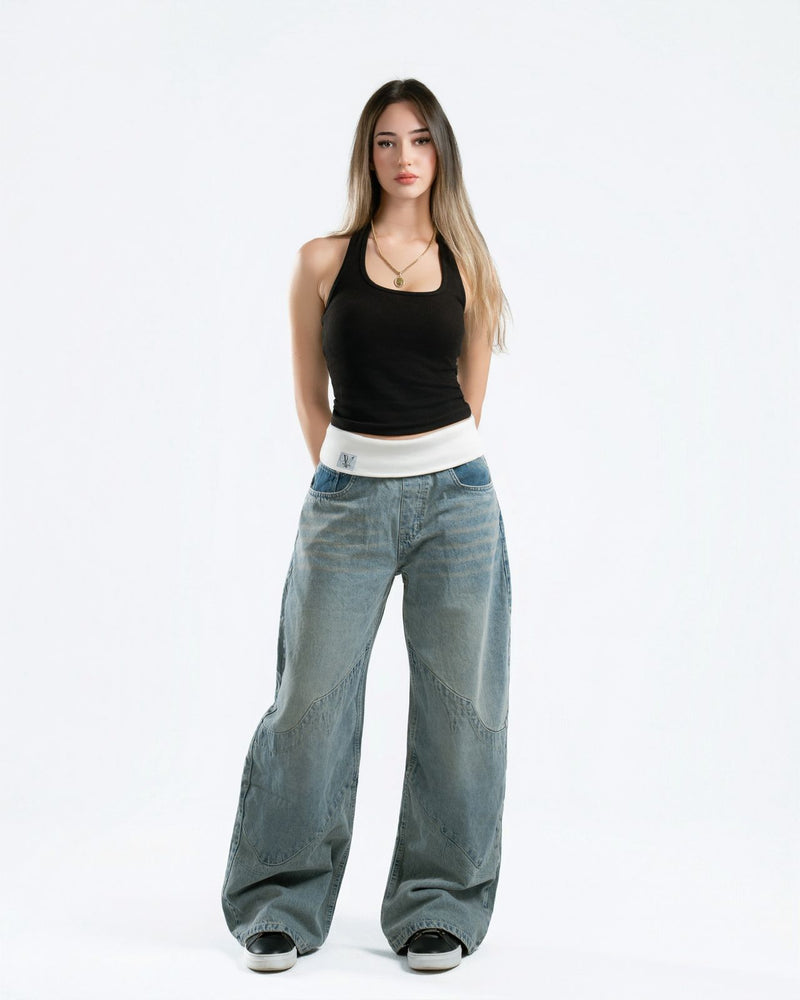 Washed Blue Fold-Over Jeans